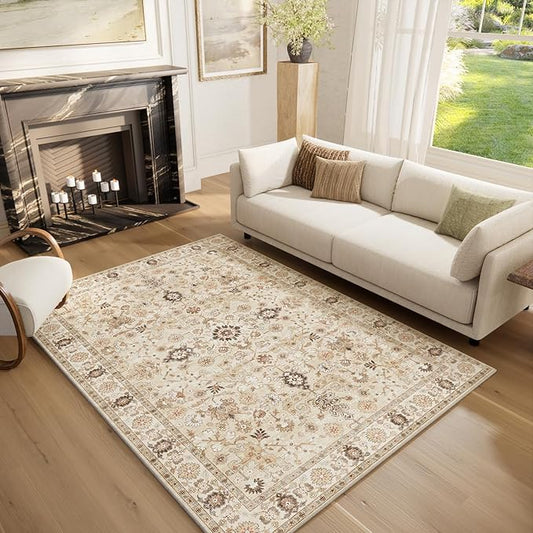Washable Area Rugs 5'x7' Non-Slip Vintage Boho Distressed Fade Resistant Low Pile Carpet for High-Traffic Living Room, Bedroom & Dining Room