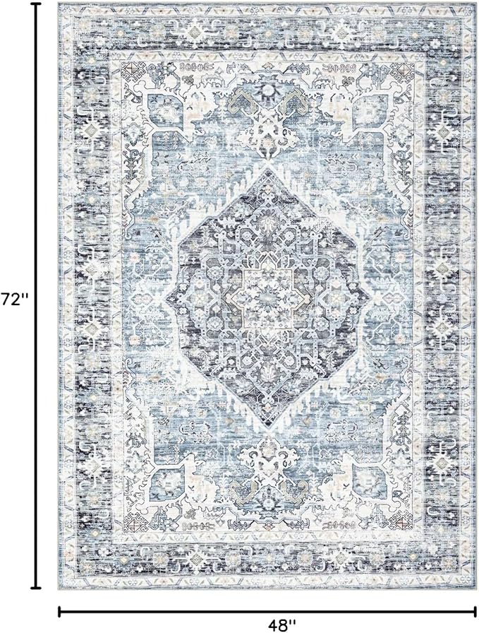 Area Rug 4×6, Vintage Boho Rug,Ultra-Soft Low Pile, Washable, Non Slip,Stain Resistant Printed Carpet for Living Room Bedrooms Playroom Office Kitchen, Light Blue