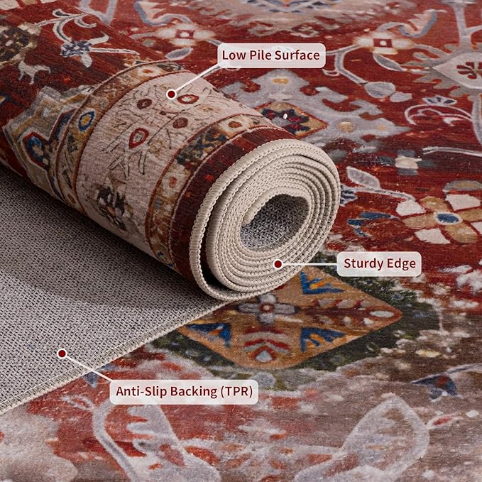 8X10 Area Rug,Washable Vintage Low Pile Rug for Living Room,Non-Slip Rug for Home Decor, Modern Indoor Carpet for Bedroom Dinning Room Office Nursery,Easy to Clean,Red