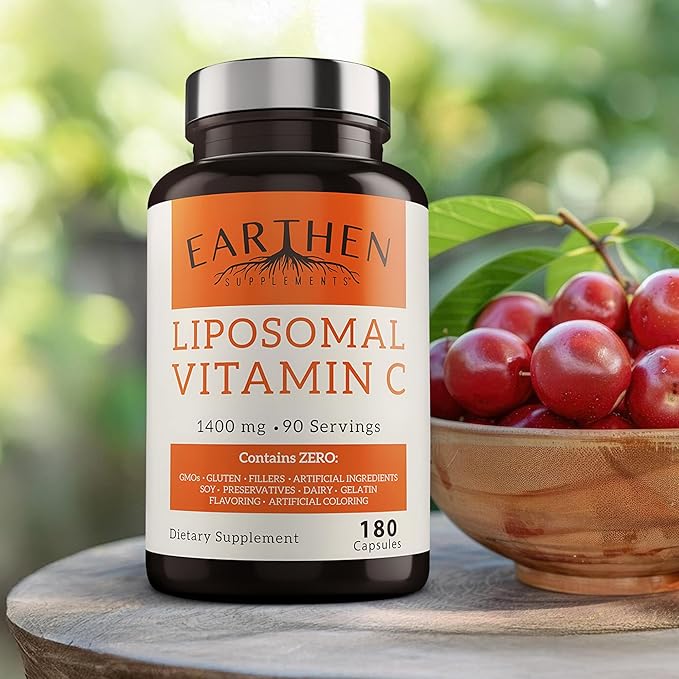 EARTHEN supplements Liposomal Vitamin C | Made with Organic Ingredients | 1400MG Per Serving | 180 Capsule - 90 Serving | Non GMO | Fat Soluble - High Absorption Antioxidant