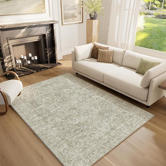 Washable Area Rugs 5'x7' Non-Slip Vintage Boho Distressed Fade Resistant Low Pile Carpet for High-Traffic Living Room, Bedroom & Dining Room