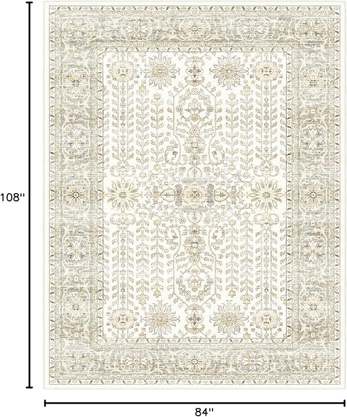 7x9 Area Rugs for Living Room,Thin Washable Rug, Non-Slip Foldable Area Rug for Bedroom, Dining Room, Home Office, Cream