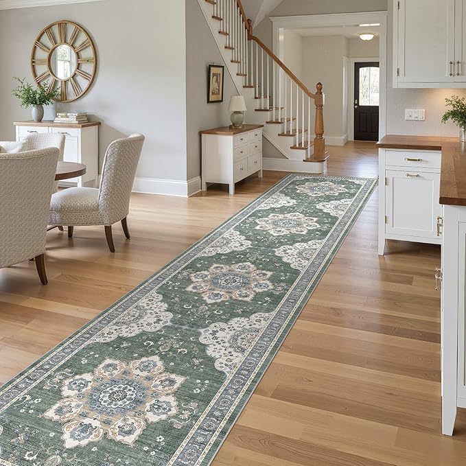 Area Rug for Living Room - 3x14 Soft Washable Oriental Vintage Floral Distressed Large Carpet - Fade Stain Resistant Non Slip Rugs for Bedroom Dining Room Nursery Dorm Office Home Decor - Green