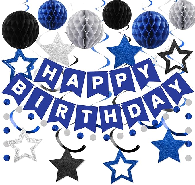 meowtastic Birthday Decorations, Happy Birthday Banner with Honeycomb Balls, Star Hanging Swirl Streamer, Circle Dot Garland, Happy Birthday Party Decorations for Women Men Boys Girls (Blue & Silver)