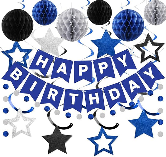 meowtastic Birthday Decorations, Happy Birthday Banner with Honeycomb Balls, Star Hanging Swirl Streamer, Circle Dot Garland, Happy Birthday Party Decorations for Women Men Boys Girls (Blue & Silver)