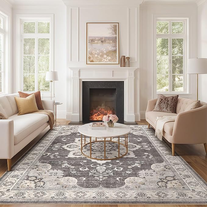 Area Rug for Living Room - 6x9 Soft Washable Oriental Vintage Floral Distressed Large Carpet - Fade Stain Resistant Non Slip Rugs for Bedroom Dining Room Nursery Dorm Office Home Decor - Brown/Grey