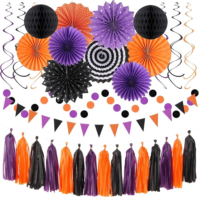 Orange Black Purple Halloween Party-Decorations - 33Pcs Banner,Streamers Tassel Garland,Tissue Pom Poms Honeycomb,Paper Lantern Fan,Birthday Wedding Baby Bridal Shower Decor Hugtmr