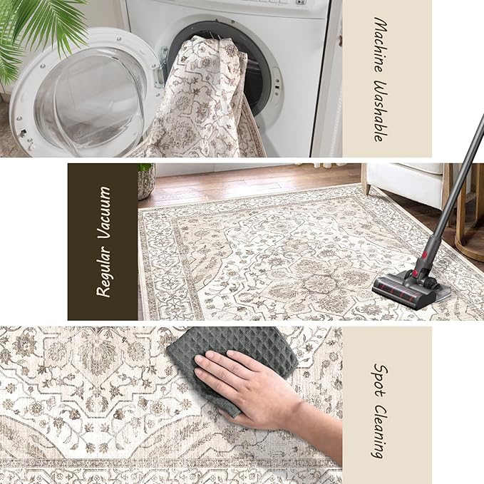 5'x7' Machine Washable Abstract Design Area Rug Machine Washable Area Rugs 5X7, Non Slip, Stain Resistant, Home Decor Living Room Area Rugs 5x7 (Beige Cream 5x7)…