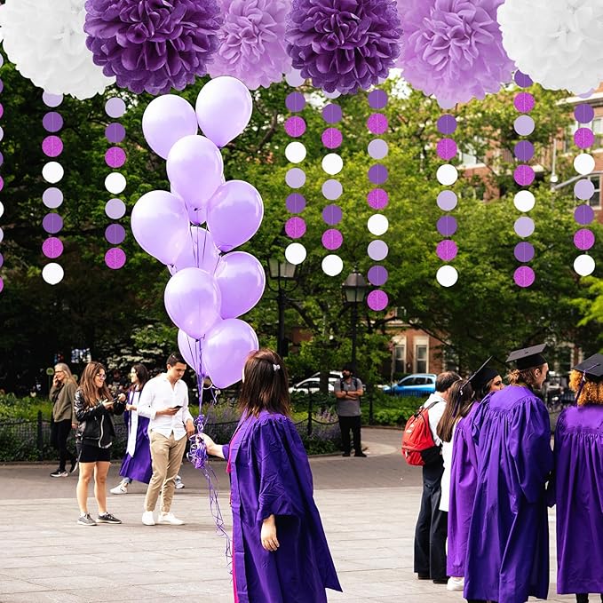 Purple White Lavender Party-Decorations Streamers - 28pcs Tissue Pom Poms,Women Girl Birthday Supplies Tassel Garland Banner,Baby Bridal Shower Wedding Engagement Bachelorette Graduation Decor Lasting Surprise