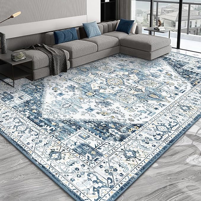 8x10 Area Rugs for Living Room, Machine Washable Non Slip Vintage Retro Rugs, Low Pile Lightweigt Chenille Print Indoor Rug for Bedroom, Dining Room, Home Office (Blue Gold Cream 8X10)…