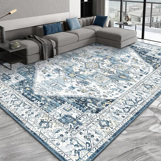 8x10 Area Rugs for Living Room, Machine Washable Non Slip Vintage Retro Rugs, Low Pile Lightweigt Chenille Print Indoor Rug for Bedroom, Dining Room, Home Office (Blue Gold Cream 8X10)…