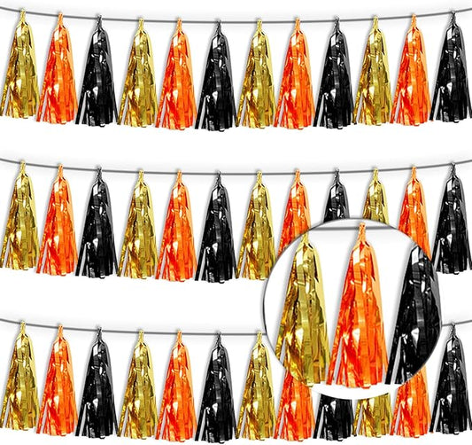 3P Orange Gold Black Metallic Fringe Tassel Banner Garland Foil Tinsel Streamer Wall Hanging Curtain Backdrop Banner for Parade Floats, Graduation Decorations, Halloween, Christmas Decorations