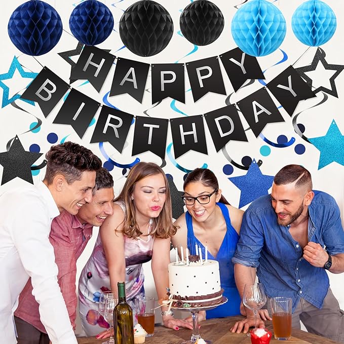 meowtastic Birthday Decorations, Happy Birthday Banner with Honeycomb Ball, Stars Hanging Swirl Streamer, Circle Dots Garland, Happy Birthday Party Decorations for Women Men Boys Girls (Black & Blue)