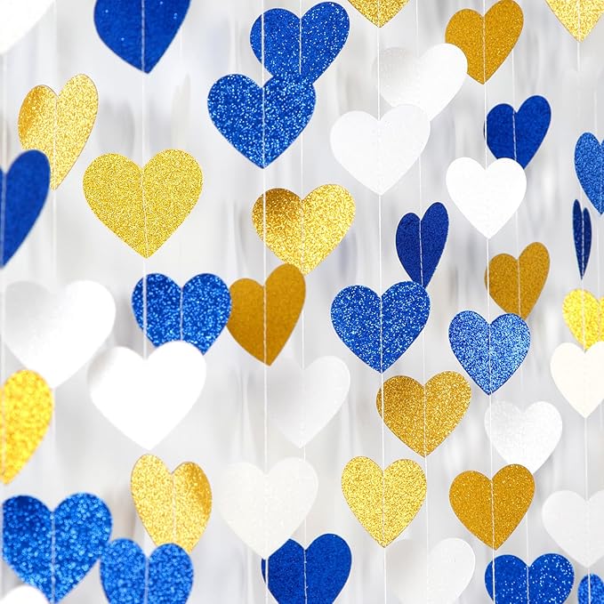 Navy-Blue White-Gold Birthday Party-Decorations Streamers - 52FT Graduation Hanging Heart Garland Banner,Baby Bridal Shower Wedding Engagement Bachelorette Backdrop Decor Hugtmr