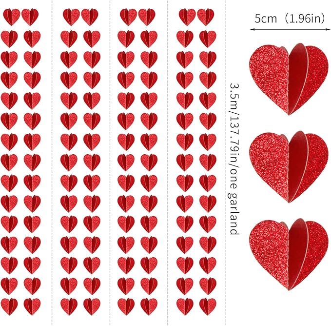 Party-Decorations Red Heart Garland - 39Ft 3D Special Night Galentines Hanging Paper Streamers Banner,Baby Girl Birthday Bachelorette Engagement Mohters Brunch Decor Ouruola