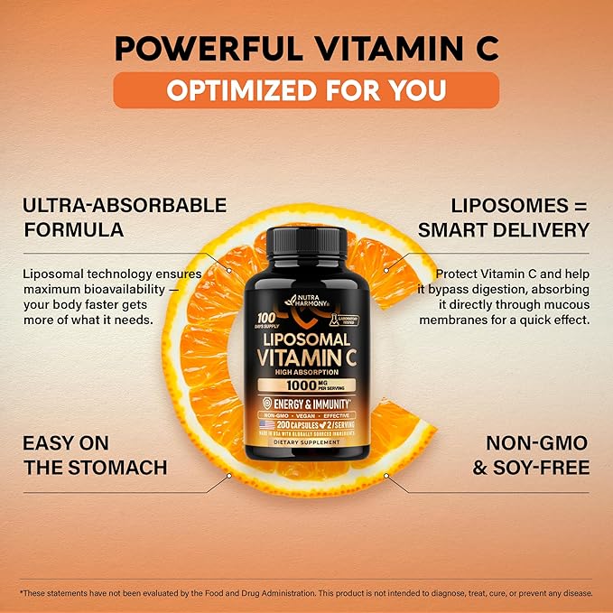 Liposomal Vitamin C 1000mg - High Absorption & Gentle On Stomach - Antioxidant, Energy Boost & Immune Support - Vitamin C Supplement - NON-GMO & SOY-Free - Made in USA - 200 Capsules, 100 Day Supply