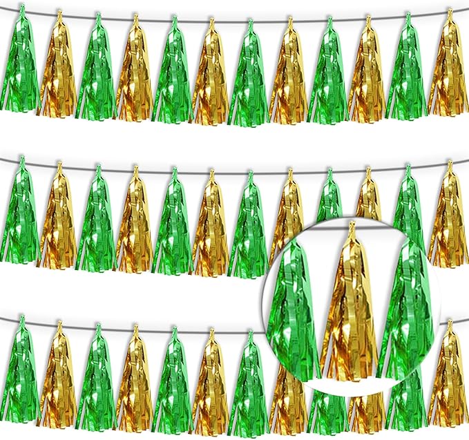 3P Sage-Green Gold Metallic Fringe Tassel Banner Garland Foil Tinsel Streamer Wall Hanging Curtain Backdrop Banners for Parade Floats, Graduation Decorations, Woodland Party Decoration