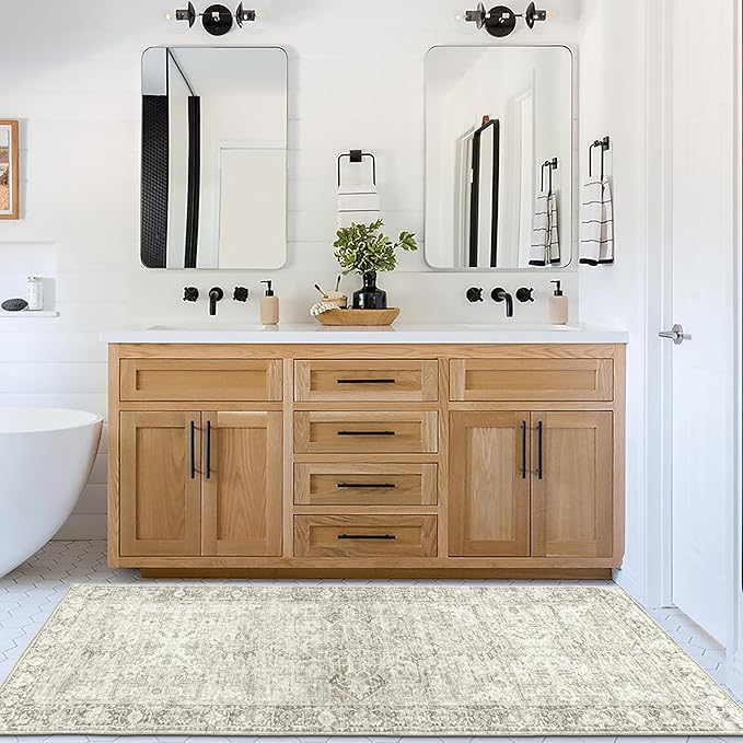 ReaLife Rugs Machine Washable Area Rug Runner - Living Room Bedroom Bathroom Kitchen Entryway Office - Padded Low Pile Stain Resistant Premium - Boho Farmhouse Vintage - Lyle - Beige Ivory 2'6" x 10'