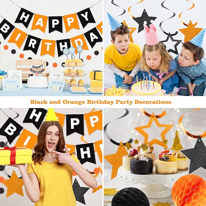 meowtastic Birthday Decorations, Happy Birthday Banner with Honeycomb Balls, Star Hanging Swirl Streamers, Circle Dots Garland, Happy Birthday Party Decorations for Women Girls (Black & Orange)