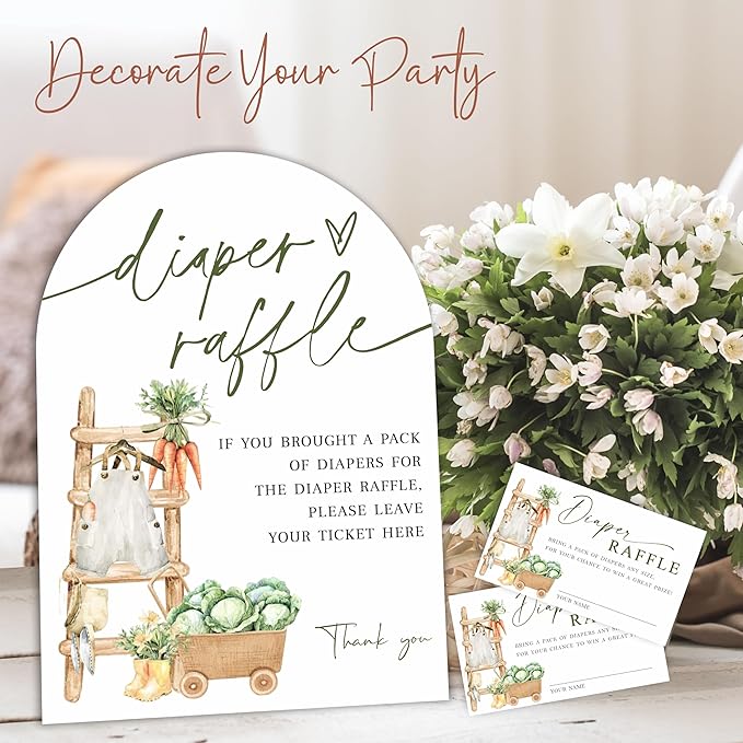 Farmhouse Arch Diaper Raffle Sign with Stand - 7x10 Inch Gender Neutral Baby Shower Game Kit with 50 Tickets, Baby Clothes Carrot Cabbage Print, Rustic Gender Reveal Decor (B05)