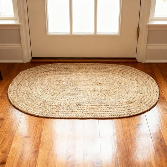 REDEARTH · Oval Area Rug - 2'x3' Braided Natural Jute with Non-Skid Backing - Handwoven Boho Rug for Bedroom, Kitchen, Living Room - Farmhouse Aesthetic Home Decor - Durable Handmade Rug