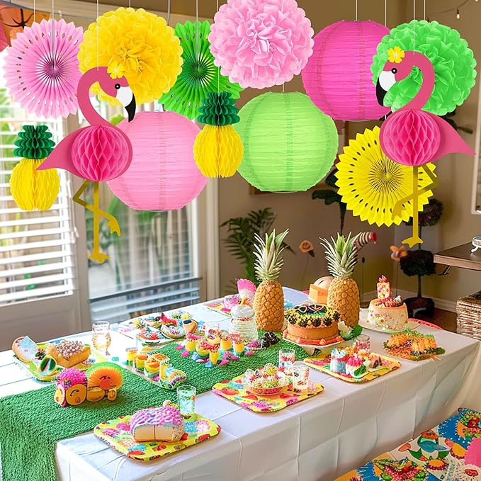 Heartome 13PCS Hawaiian Party Decorations, Luau Party Decorations, Flamingo and Pineapple Honeycomb Paper Flowers Fans and Ball Lanterns for Summer Tropical Beach Party Decorations Supplies Favors