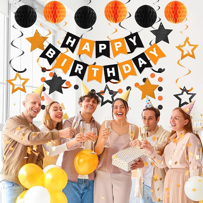 meowtastic Birthday Decorations, Happy Birthday Banner with Honeycomb Balls, Star Hanging Swirl Streamers, Circle Dots Garland, Happy Birthday Party Decorations for Women Girls (Black & Orange)