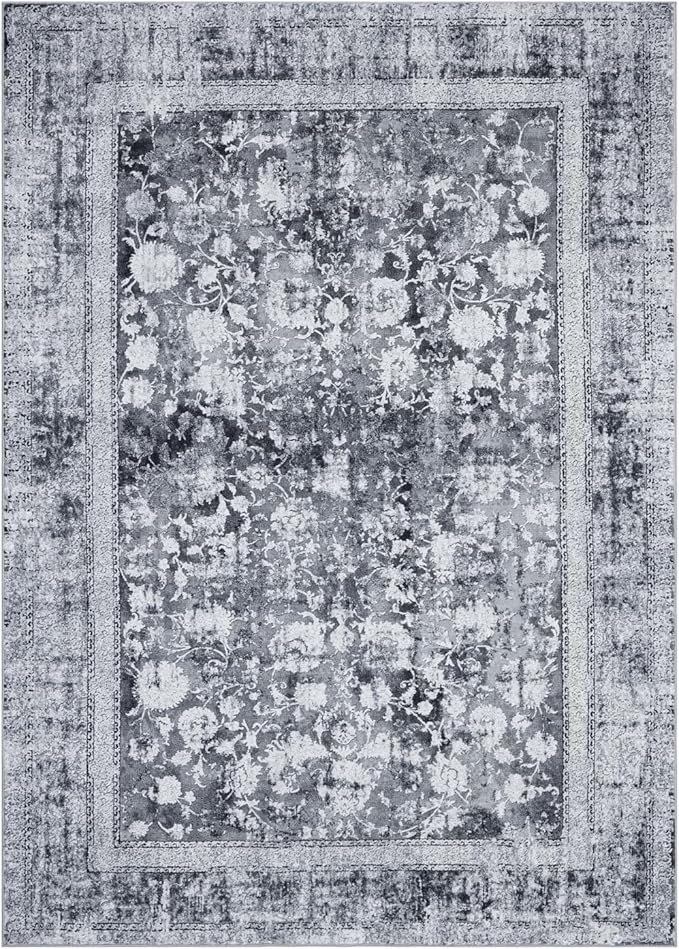 Area Rug 6×9, Large Vintage Boho Rug,Ultra-Soft Low Pile, Washable, Non Slip,Stain Resistant, Printed Carpet for Living Room Bedrooms Playroom Office Kitchen, Solid/Grey