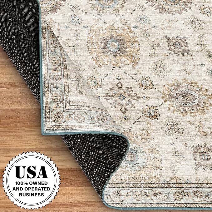 ReaLife Rugs Machine Washable Area Rug Runner - Living Room Bedroom Bathroom Kitchen Entryway Office - Padded Low Pile Stain Resistant Premium - Boho Farmhouse Vintage - Bryn - Beige Seafoam 2'6"x6'