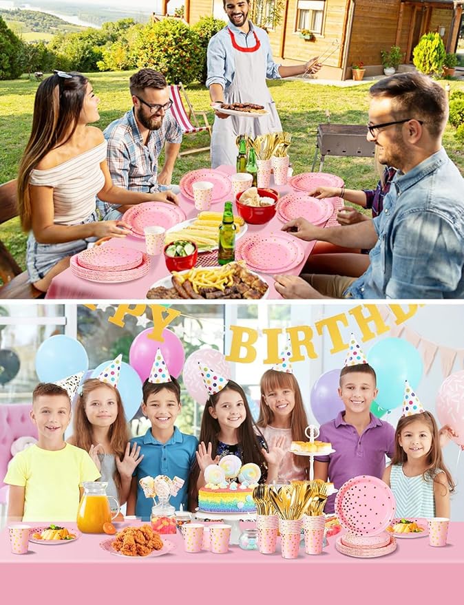 141 Pieces Pink and Gold Party Supplies, Disposable Party Decorations Sets Include Paper Plates Napkins Cups, Plastic Forks Knives Spoons, for Baby Shower Birthday Wedding -20 Guests