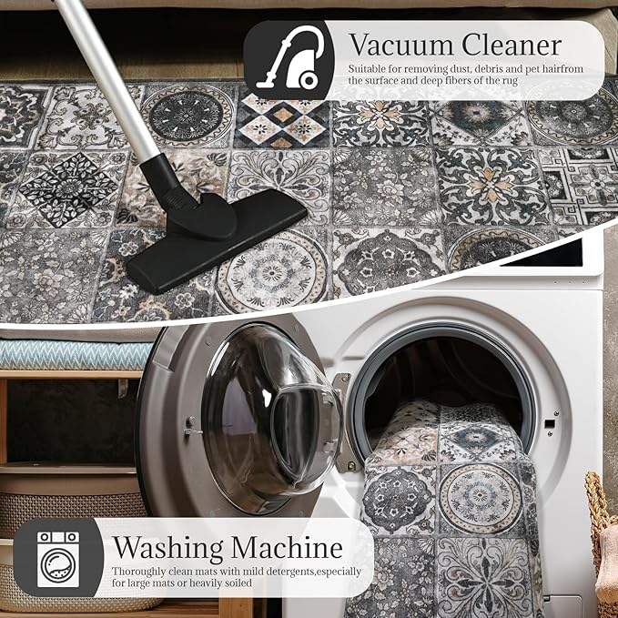 Washable Entryway Rug 3'x5 Non-Slip Backing Vintage Indoor Rug Low Pile Lightweight Carpet for High-Traffic Indoor Entrance & Kitchen