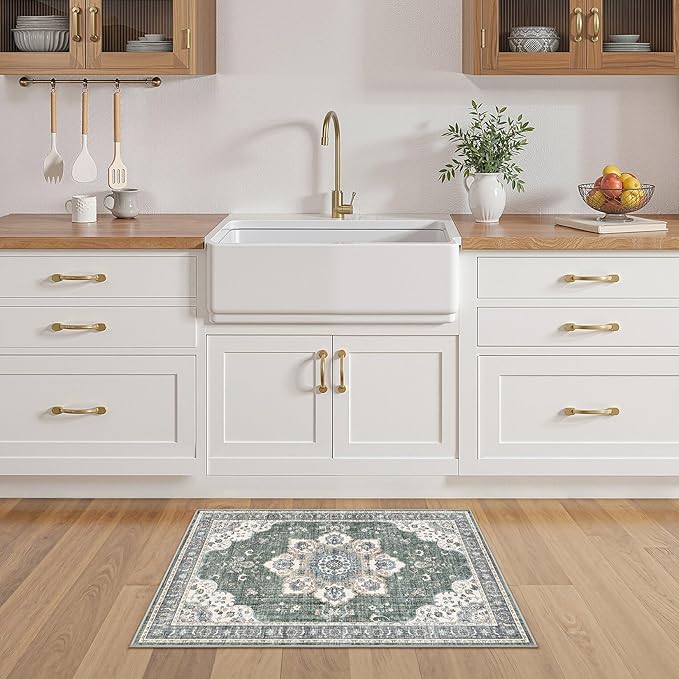 2x3 Washable Entryway Rug: Non-Slip Soft Small Indoor Area Rug for Bedroom Kitchen, Low Pile Stain-Resistant Durable Vintage Floral Carpet for Porch Laundry Kids Room Home Decor (Green)