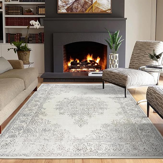 ReaLife Rugs Machine Washable Area Rug - Living Room Bedroom Bathroom Kitchen Entryway Office - Padded Low Pile Stain Resistant Premium - Boho Farmhouse Vintage - Paige - Ivory 4' x 6'