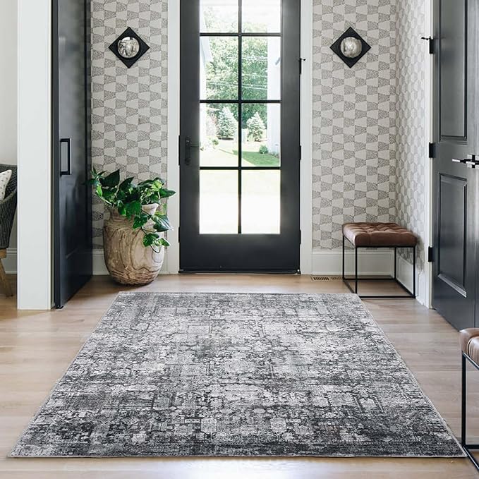 Area Rug 5×7, Vintage Boho Rug,Ultra-Soft Low Pile, Washable, Non Slip,Stain Resistant Printed Carpet for Living Room Bedrooms Playroom Office Kitchen, Dark Stone