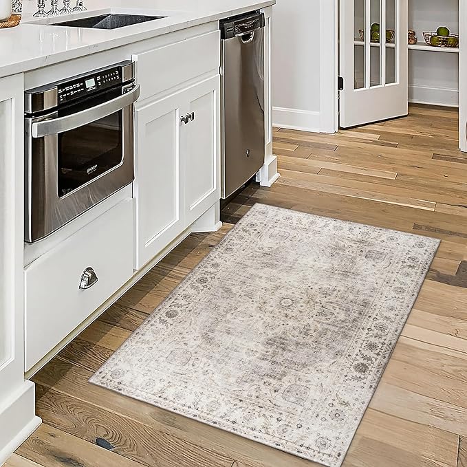 ReaLife Rugs Machine Washable Area Rug - Living Room Bedroom Bathroom Kitchen Entryway Office - Padded Crease Free Stain Resistant Premium - Boho Farmhouse Vintage- Joy- Beige Ivory - 2'x 3'