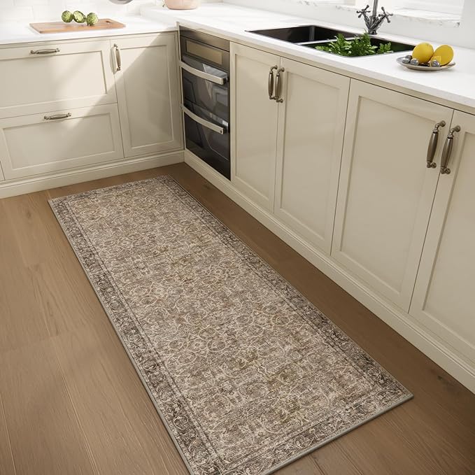 2'x6' Washable Runner Rug Utral Soft Lightweight Vintage Boho Distressed Non-Slip Backing,Low Pile Stain Resistant Farmhouse Rug for High-Traffic Hallway, Kitchen & Laundry