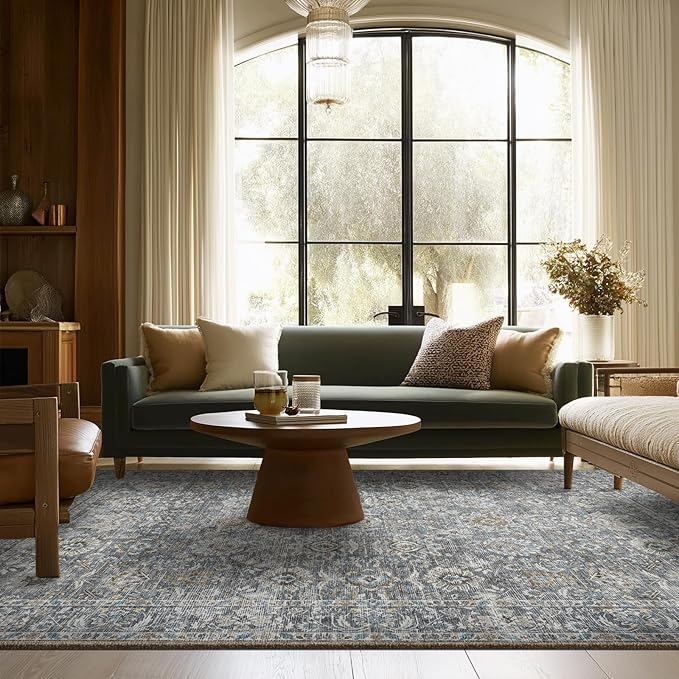 6x9 Washable Rug Vintage Fade Resistant Boho Distressed Non-Slip Indoor Large Carpet Low Pile Lightweight & High-Traffic Safe for Bedroom, Dorm, Playroom - Farmhouse Decor