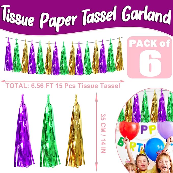 6P Purple Green Gold Foil Fringe Metallic Tassel Streamers Banner Tassel Garland for Parade Floats, Bachelorette, Wedding, Birthday, Graduation, Christmas, Bridal/Baby Shower Party Decorations