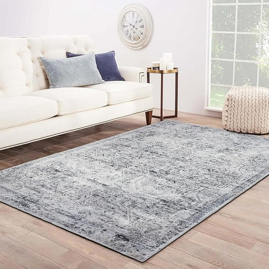 Area Rug 9×12, Large Vintage Boho Rug,Ultra-Soft Low Pile, Washable, Non Slip,Stain Resistant, Printed Carpet for Living Room Bedrooms Playroom Office Kitchen, Classic-Grey