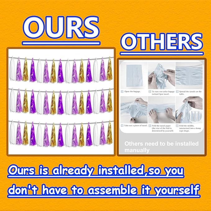 3P Metallic Fringe Tassel Banner Garland Foil Tinsel Streamer Wall Hanging Curtain Backdrop Banner for Parade Floats, Graduation, Carnival Mardi Gras Party Decorations(Gold Purple)