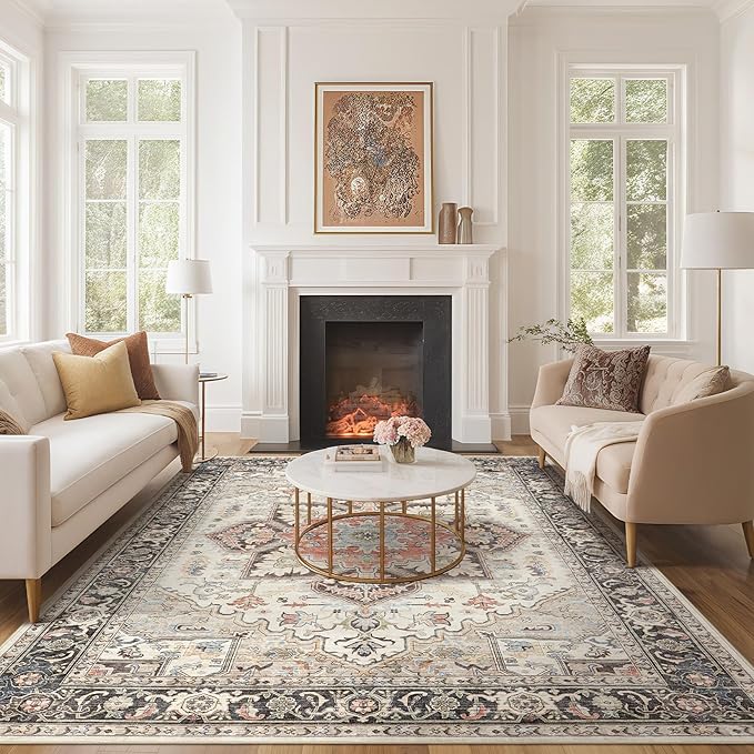 Area Rug 10x14 for Living Room, Medallion Printed Ultra-Thin Soft Large Carpet, Oriental Non Slip Big Washable Fade Stain Resistant Rugs for Bedroom Dining Room Home Office Decor