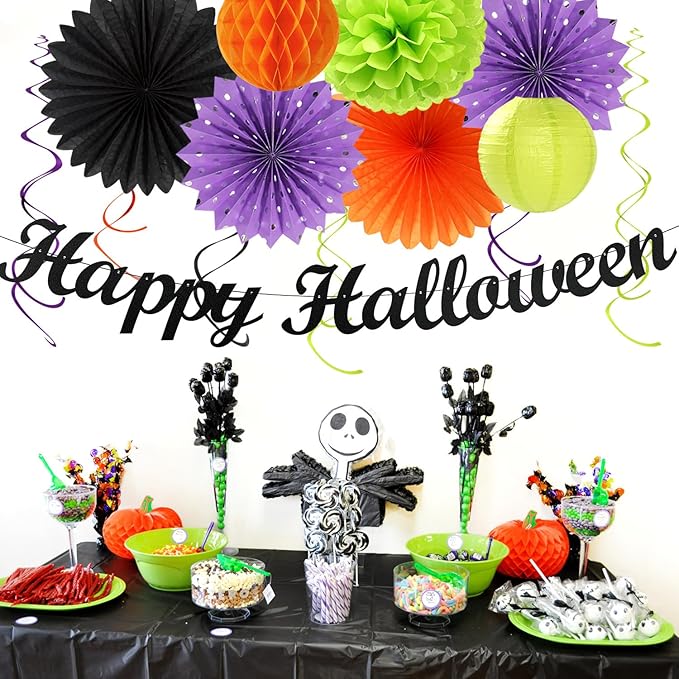 Black-Green Orange-Purple Happy-Halloween Party-Decorations - 21pcs Birthday Banner,Paper Lanterns Honeycomb,Tissue Pom Poms Flower Fan,Kids Classroom Hanging Streamers Garland Decor Supplies Huglony