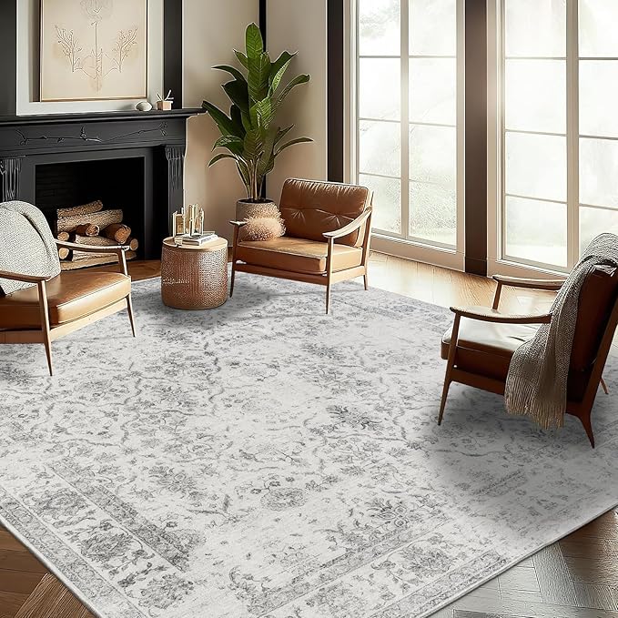 ReaLife Rugs Machine Washable Area Rug - Living Room Bedroom Bathroom Kitchen Entryway Office - Padded Low Pile Stain Resistant Premium - Boho Farmhouse Vintage - Noor - Ivory Grey 5' x 7'