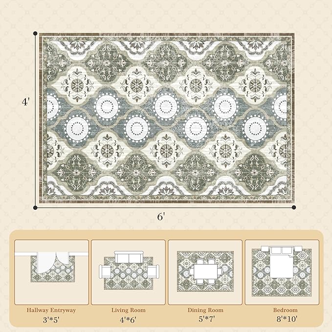 EnHomee Washable Area Rugs 4x6, Soft Area Rug for Living Room Bedroom, Boho Non Slip Low Pile Stain Resistant Washable Rug Large Carpet for Dining Room,Easy to Clean Living Room Rug, Green