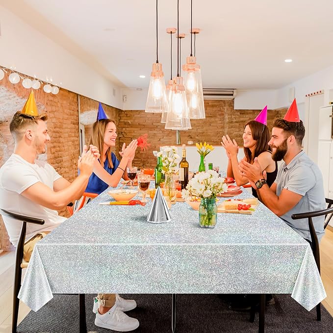 4 pcs Silver Holographic Tablecloths Shiny Disco Laser Table Cloths 40" x 108" Iridescence Plastic White Table Cover for Birthday Party Decoration Wedding Christmas Winter Grad Party Supplies
