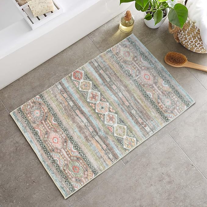 Area Rug 2x3 Distressed Small Entryway Rug Vintage Doormat Faux Wool Non-Slip Washable Low-Pile Floor Carpet for Indoor Front Entrance Kitchen Bathroom (Olive 2x3)