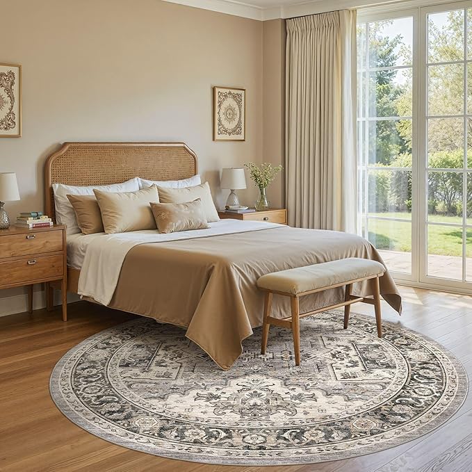 Area Rug for Living Room - 8x8 Soft Machine Washable Oriental Vintage Floral Distressed Large Indoor Floor Carpet for Bedroom Under Dining Table Home Office Decor - Brown