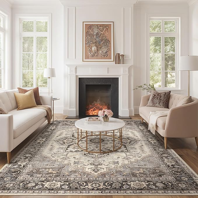 Area Rug 5x7 for Living Room - Washable Oriental Vintage Floral Distressed Large Indoor Carpets with Non Slip Back for Bedroom Dining Room Nursery Office Home Decor - Grey Brown