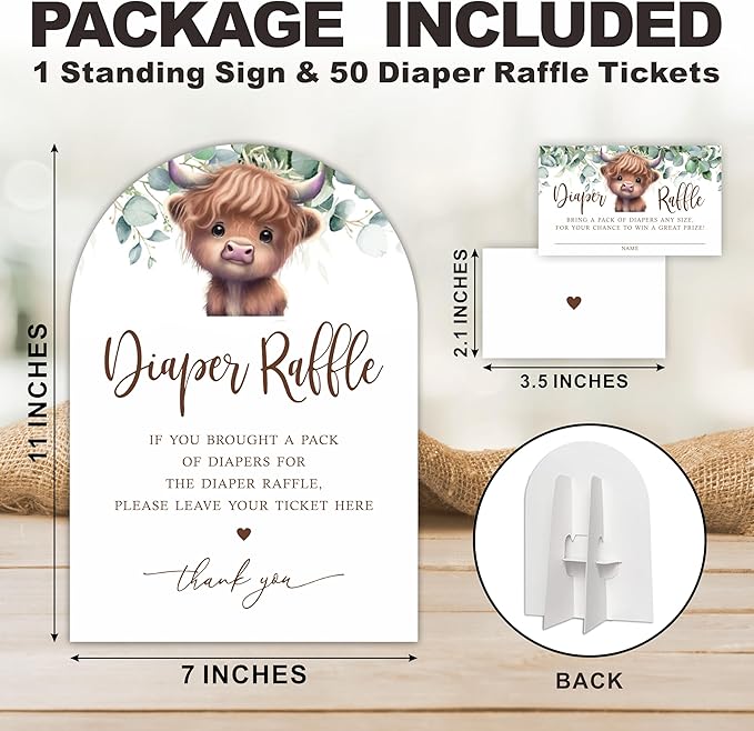 Holy Cow Diaper Raffle Game Kit with Sign - 50 Tickets, 7x10 Inch Standee for Gender Neutral Baby Shower, Farm Theme Gender Reveal Party Decorations (B01)