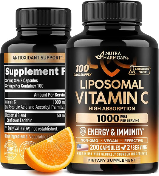 Liposomal Vitamin C 1000mg - High Absorption & Gentle On Stomach - Antioxidant, Energy Boost & Immune Support - Vitamin C Supplement - NON-GMO & SOY-Free - Made in USA - 200 Capsules, 100 Day Supply